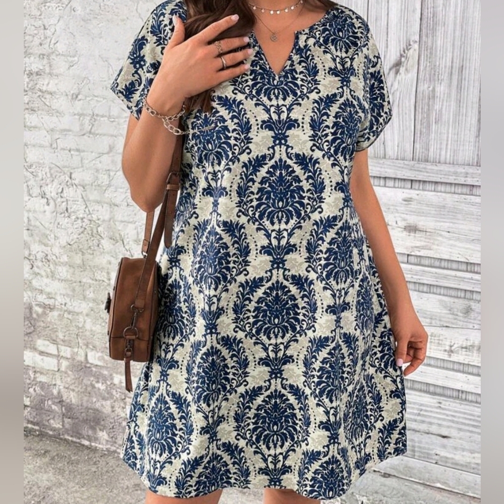 SHEIN Blue and White Patterned Dress